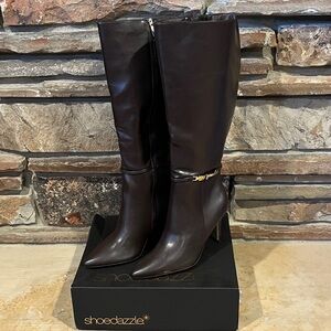 Shoe Dazzle Adaline Cacao Dark Brown Faux Leather Heeled Boots